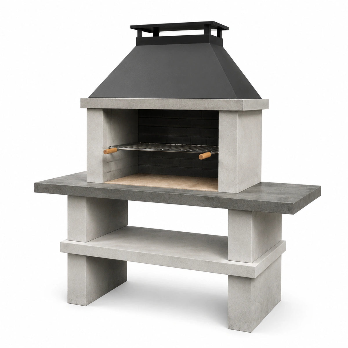 Moderner Gartenkamin aus Beton und Stahl, Grau/Schwarz, 150 × 70 × 220 cm