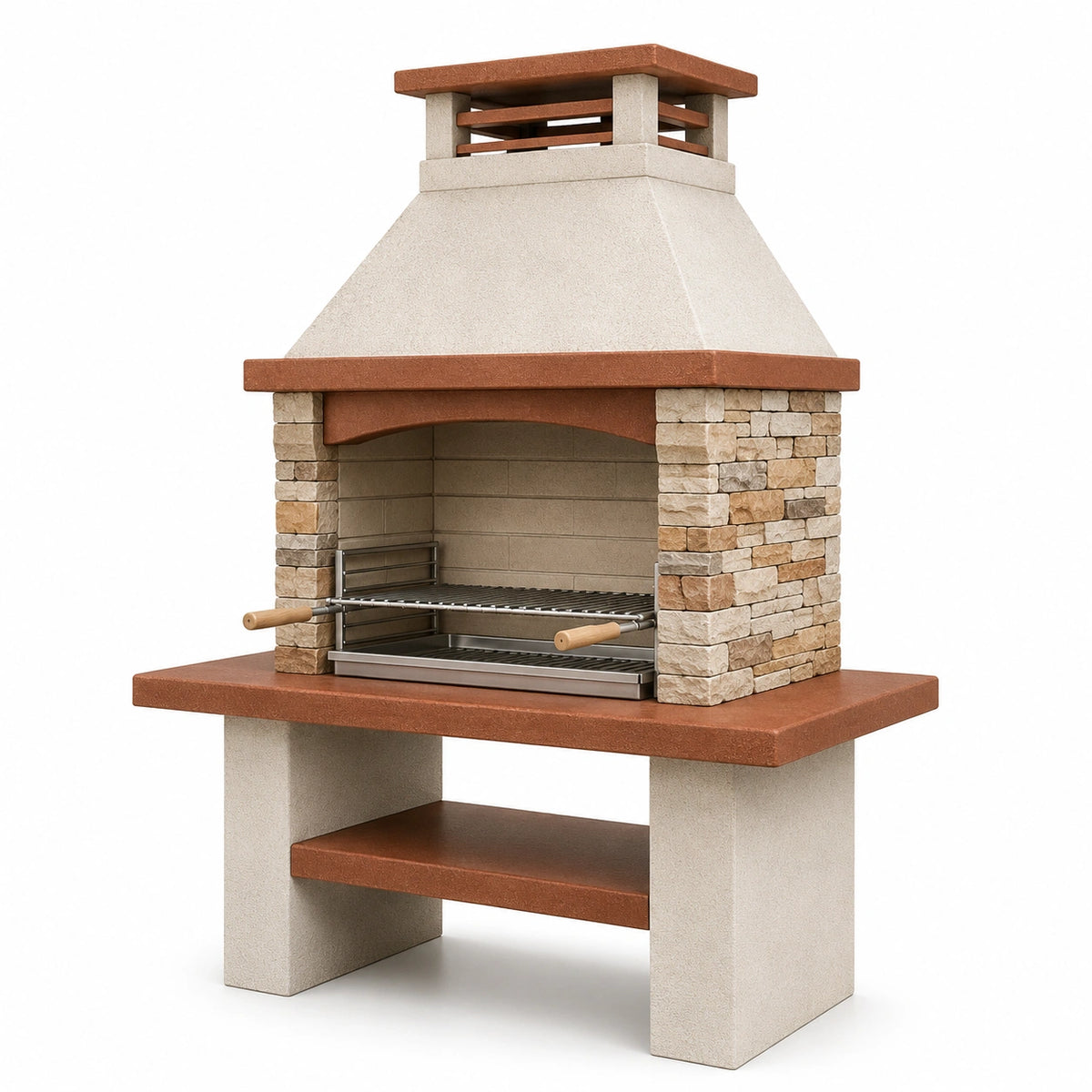 Gartenkamin mit höhenverstellbarem Grillrost, 120 × 75 × 220 cm, Beige/Terrakotta/Edelstahl