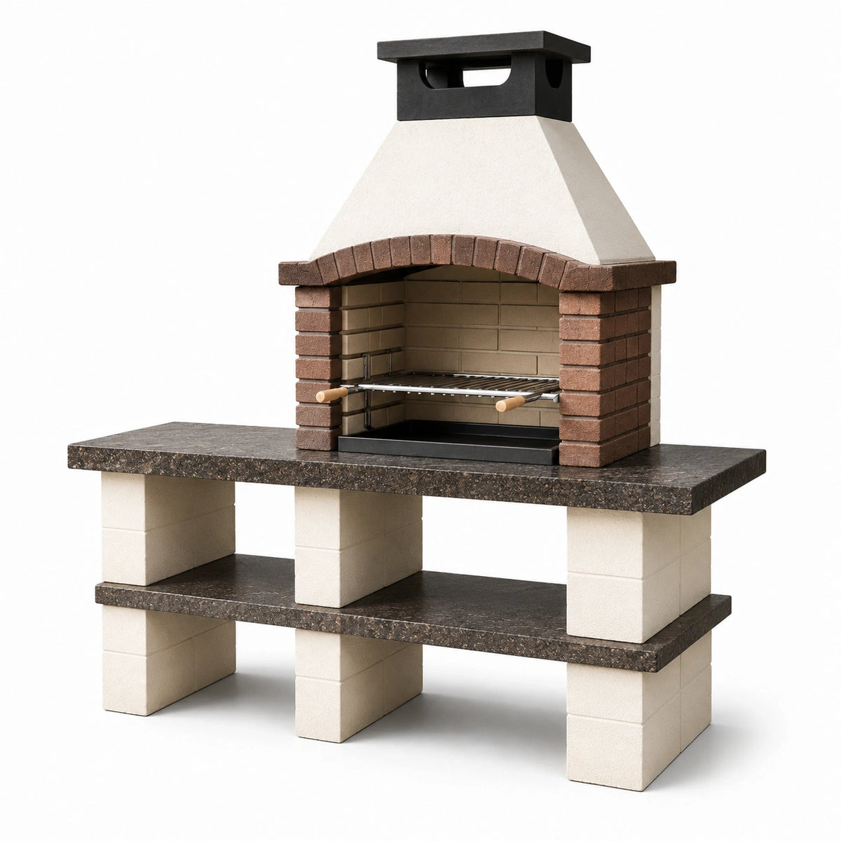 Grillanlage aus Stein und Metall mit Grillrost und Ablageflächen, 150 × 70 × 220 cm, Beige/Braun/Schwarz