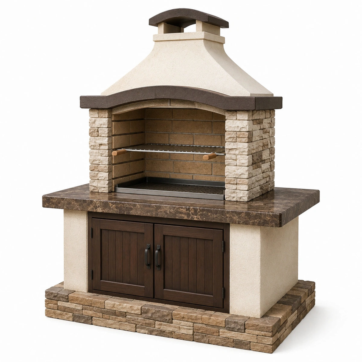 Steingrillstation mit Kamin, Arbeitsplatte und Unterschrank, 120 × 80 × 220 cm, Beige/Braun