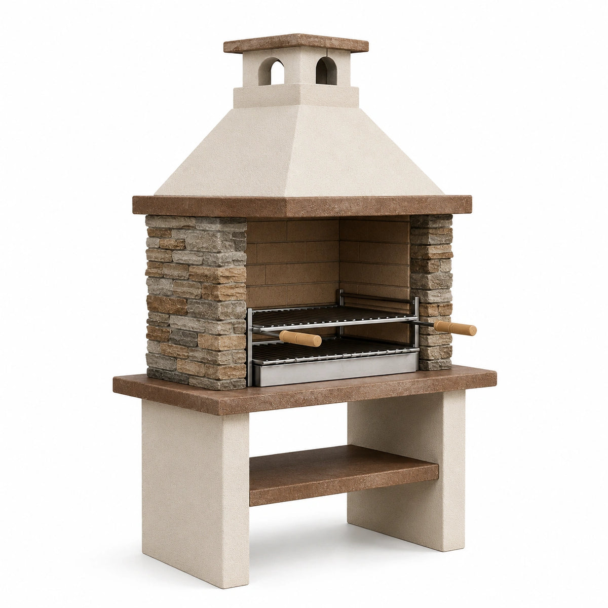 Gartengrillkamin aus Beton und Naturstein, 120 × 70 × 220 cm, Beige/Braun/Grau/Silber, mit Edelstahlrosten