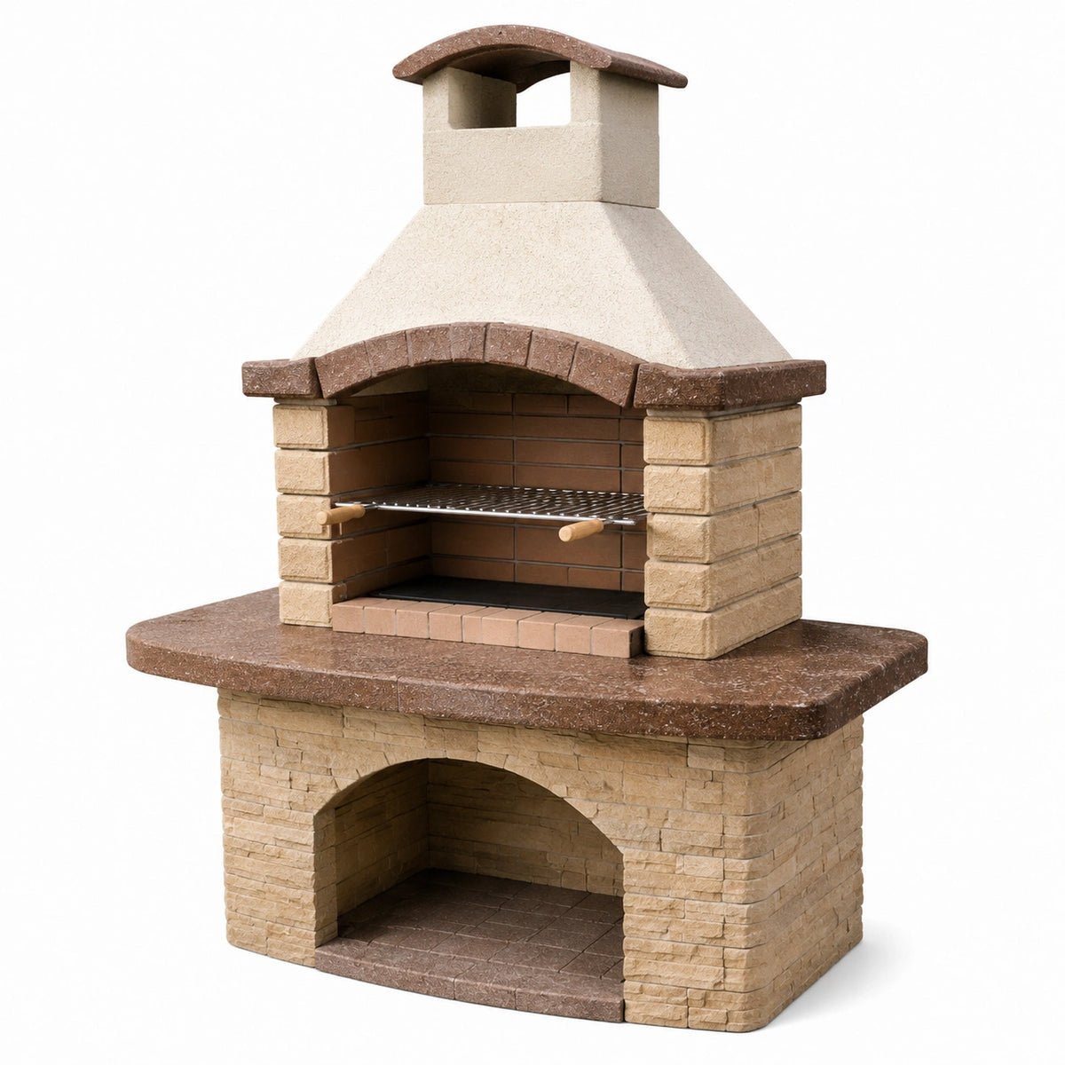 Stein-Gartengrill mit Kamin und Grillrost, 120 × 75 × 210 cm, Beige/Braun