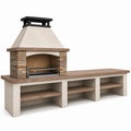Gartenkaminanlage 300 × 70 × 250 cm in Beige, Braun und Schwarz mit Grillrost, Arbeitsfläche und Ablagefächern