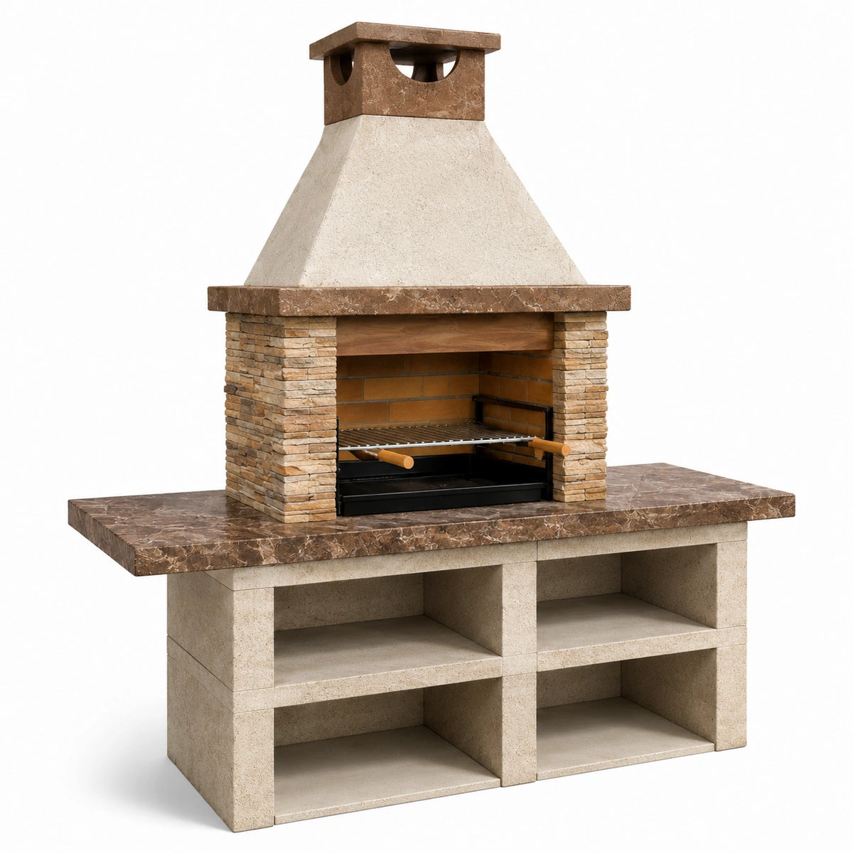 Grillkamin für den Außenbereich, 200 x 70 x 220 cm, Beige/Braun/Schwarz, mit Grillrost und Stauraum