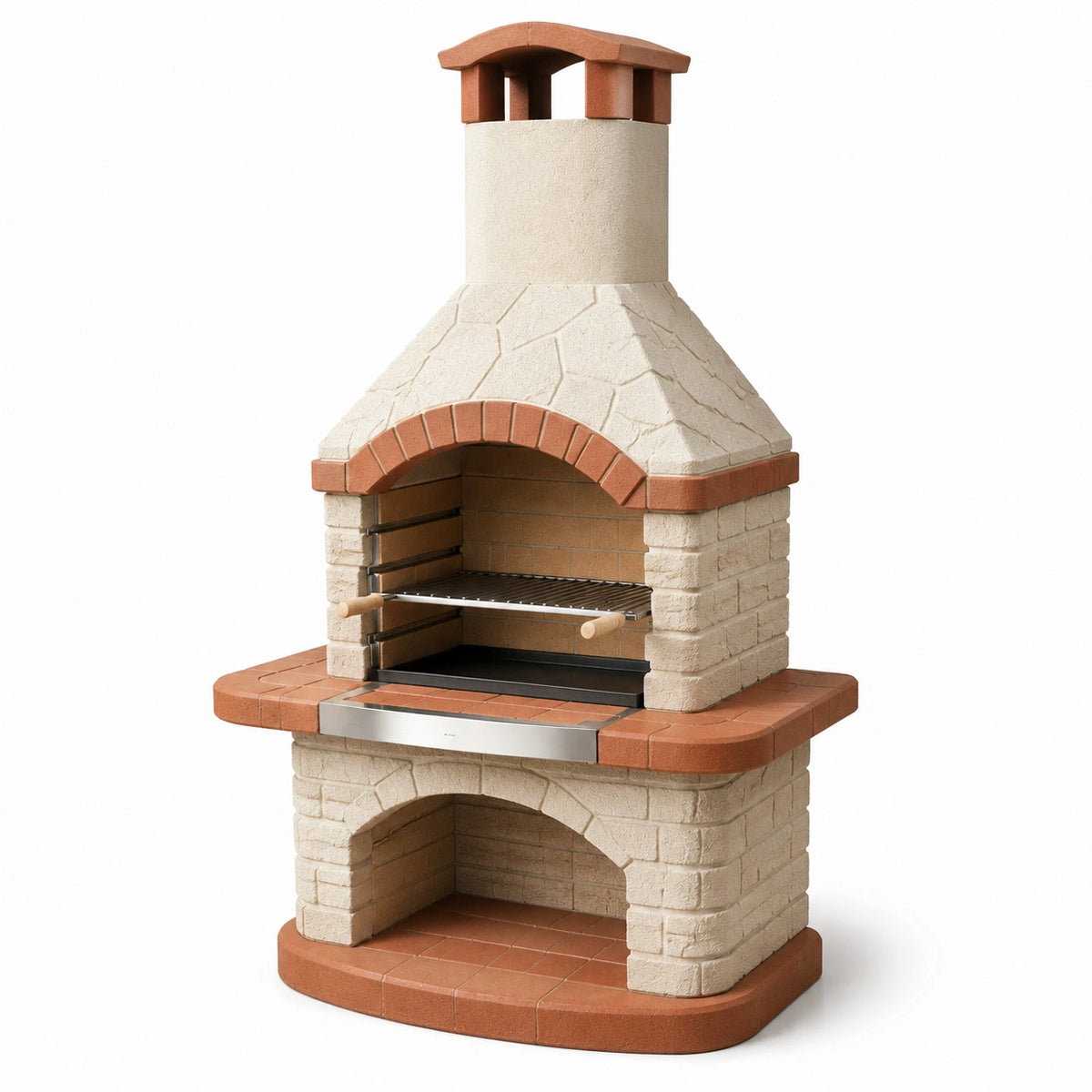 Garten-Grillkamin aus Stein, 120 x 70 x 210 cm, Beige/Terrakotta mit Edelstahlrost