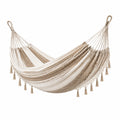 Boho-Hängematte aus Baumwolle, 300 × 100 × 5 cm, Beige/Weiß mit Fransen