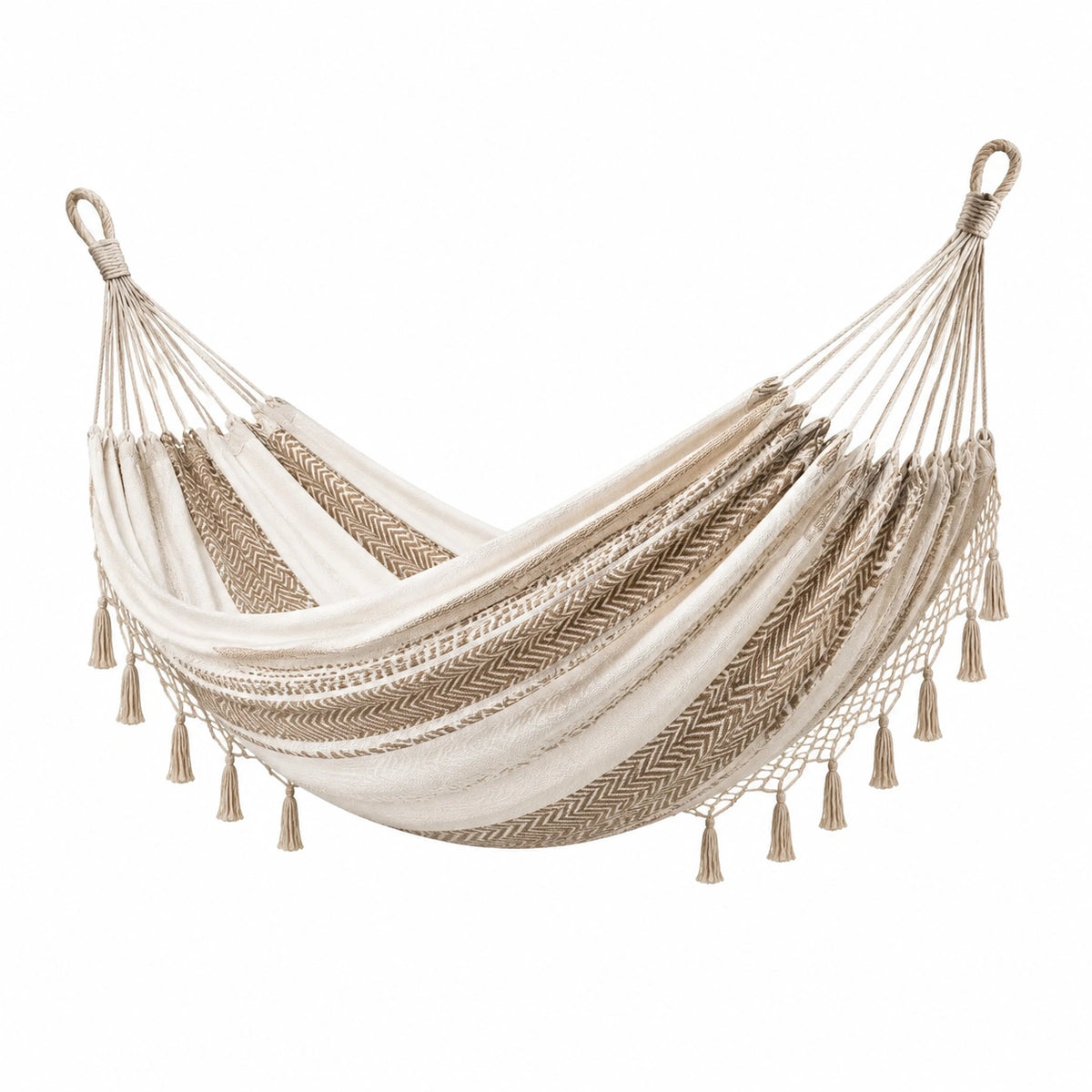 Boho-Hängematte aus Baumwolle, 300 × 100 × 5 cm, Beige/Weiß mit Fransen