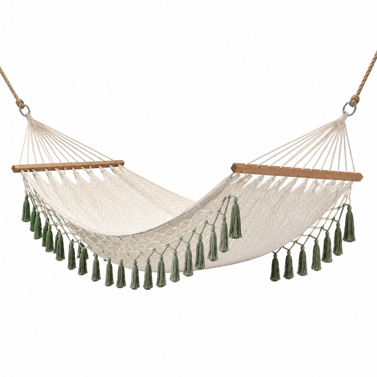 Hängematte 200 x 100 cm aus Baumwolle in Creme/Grün mit Holzspreizstäben und Quasten im Boho-Stil