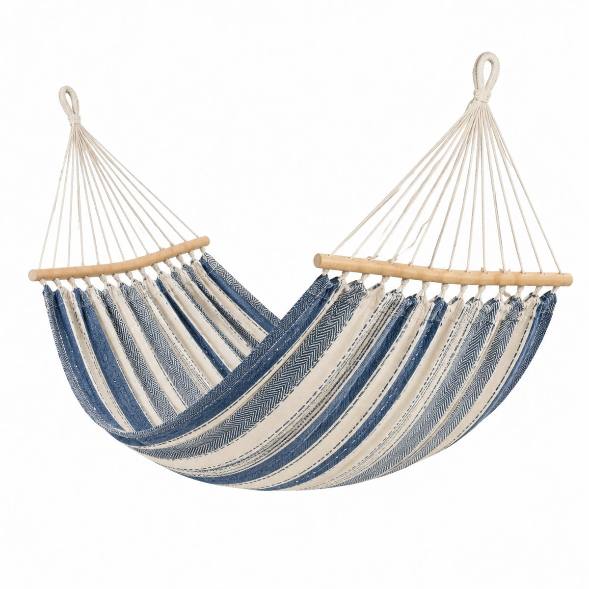 Hängematte aus Baumwolle mit Holzspreizstäben, Blau/Creme, 300 × 100 × 5 cm