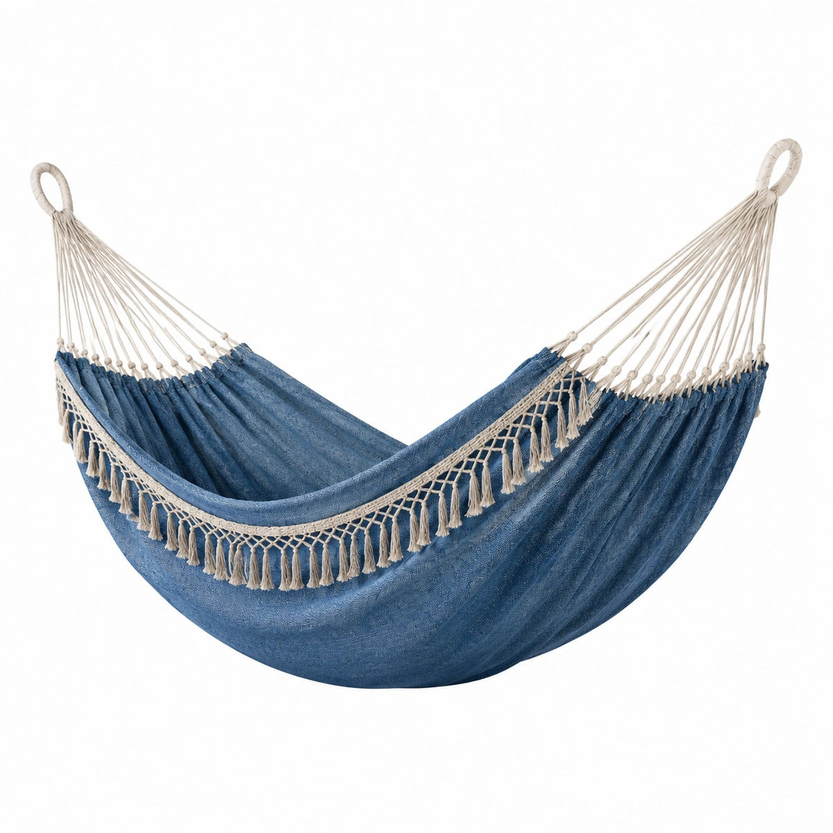 Boho-Hängematte aus Baumwolle, 300 × 150 × 5 cm, Blau/Creme mit Makramee-Quasten