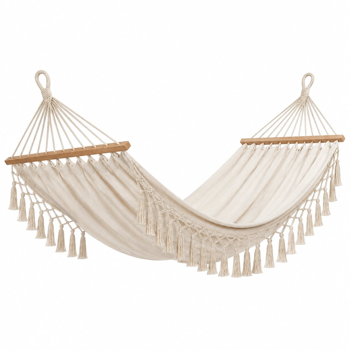 Boho-Hängematte aus Baumwolle und Holz mit Quasten, Beige/Hellbraun, 300 × 100 × 100 cm