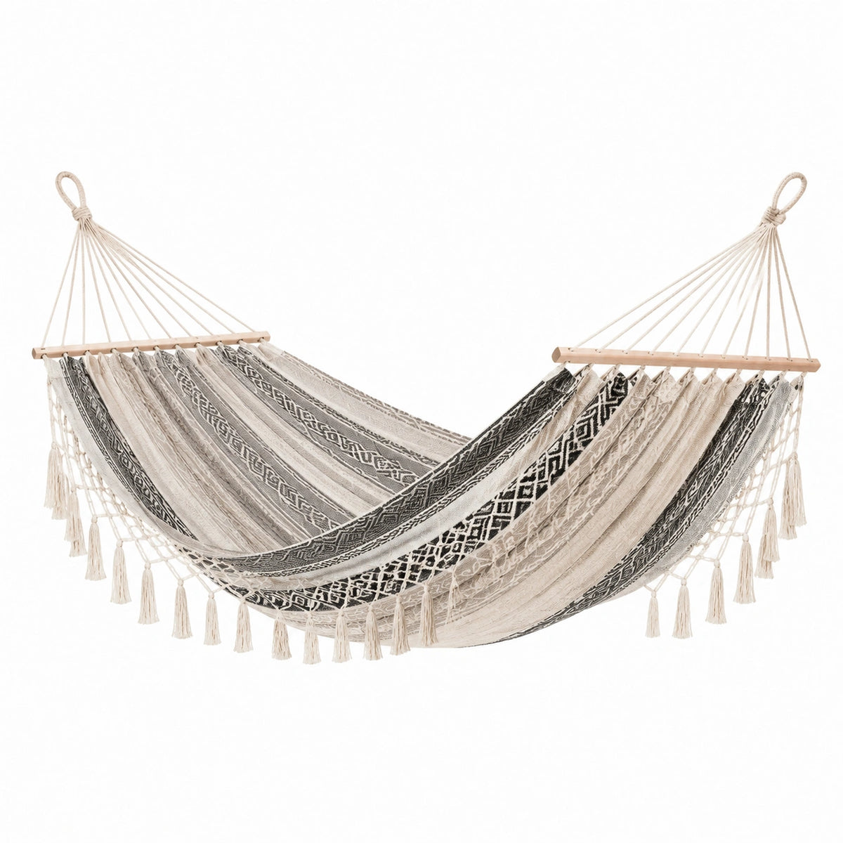 Boho-Hängematte aus Baumwolle mit Holzspreizstäben, Beige/Schwarz, 200 × 100 × 5 cm