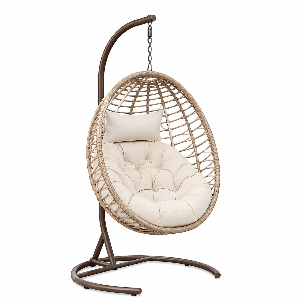 Hängesessel in Rattanoptik mit Stahlgestell und Kissen, 105 x 105 x 195 cm, Beige/Braun