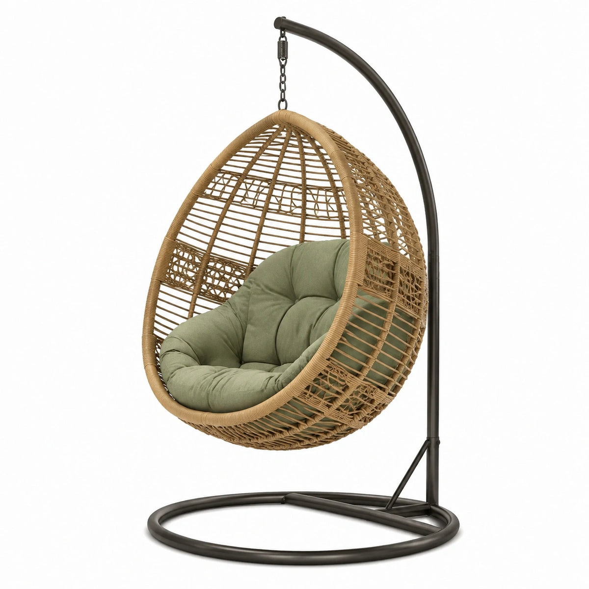Freistehender Hängesessel in Natur-Rattanoptik mit grünem Sitzkissen und schwarzem Stahlgestell, 100 × 100 × 195 cm