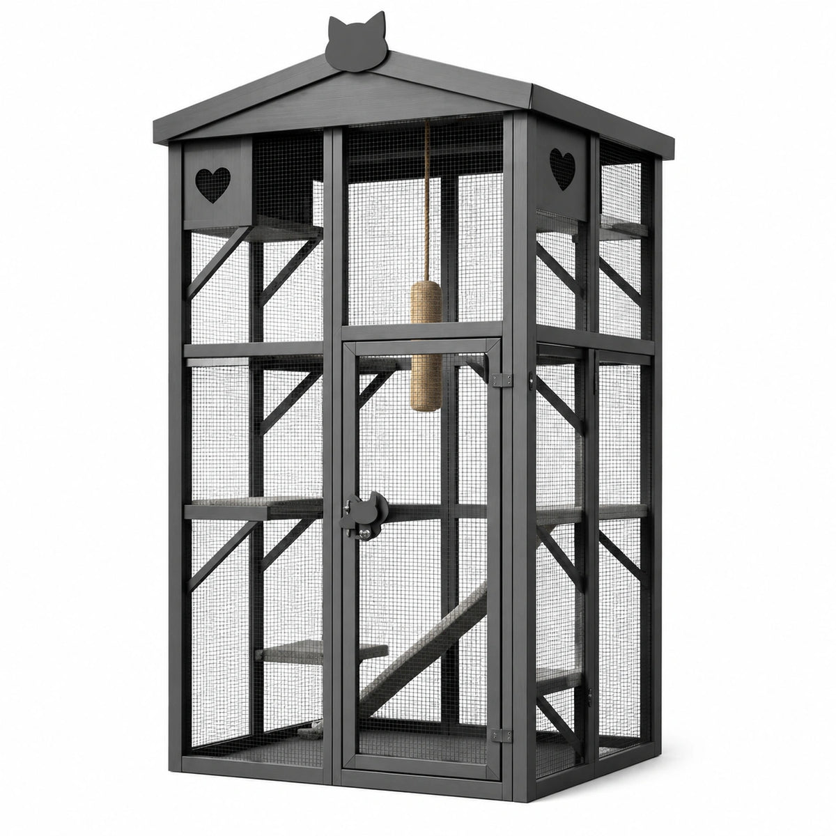 Katzengehege in Hausform 82 x 57 x 164 cm Schwarz/Natur mit Ebenen, Rampe und Sisalelement