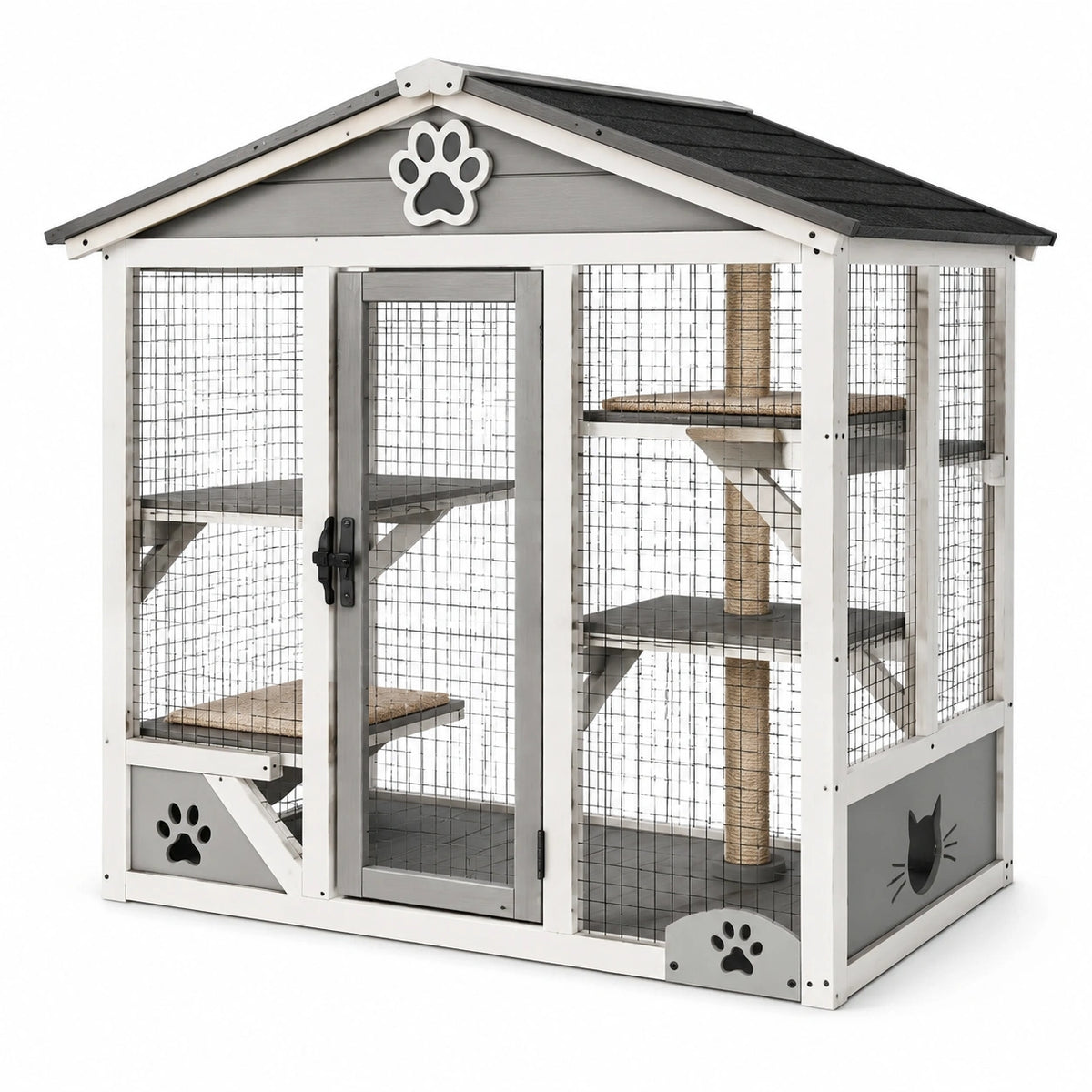 Katzenhaus in Hausform, 120 × 60 × 150 cm, Grau/Weiß/Schwarz/Natur, mit Kletterebenen und Sisal-Kratzsäule