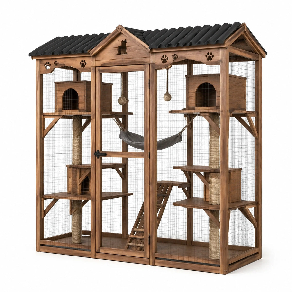 Katzengehege aus Holz mit Drahtgitter und Schutzdach, 180 × 90 × 190 cm, Braun/Schwarz/Beige/Grau