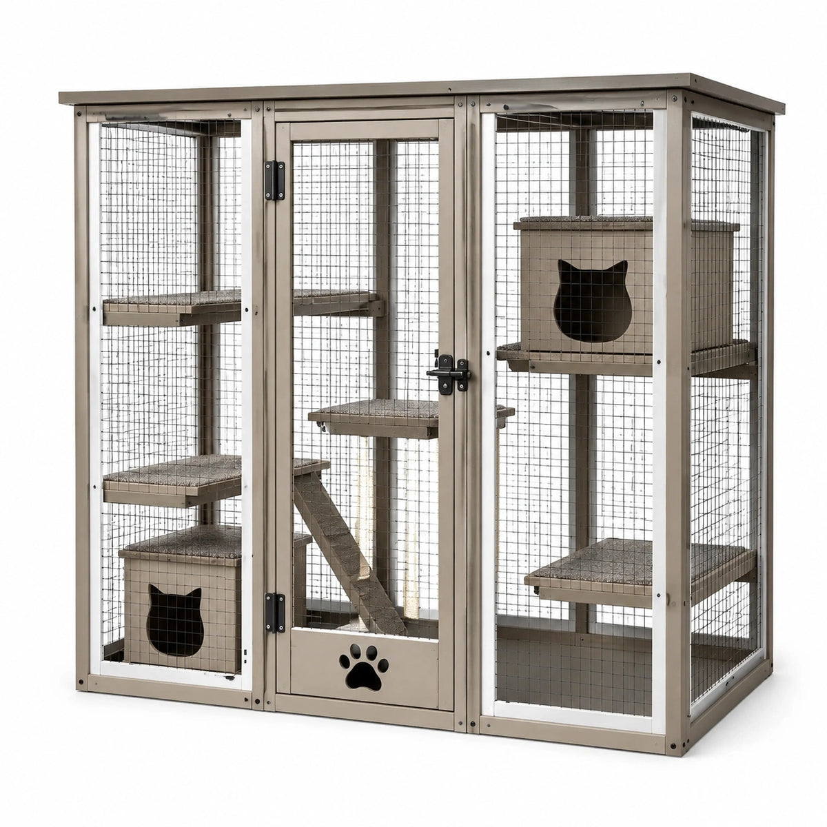 Katzengehege für Innenräume, 120 x 60 x 120 cm, Beige/Schwarz, Holz und Metallgitter mit Plattformen und Liegeboxen