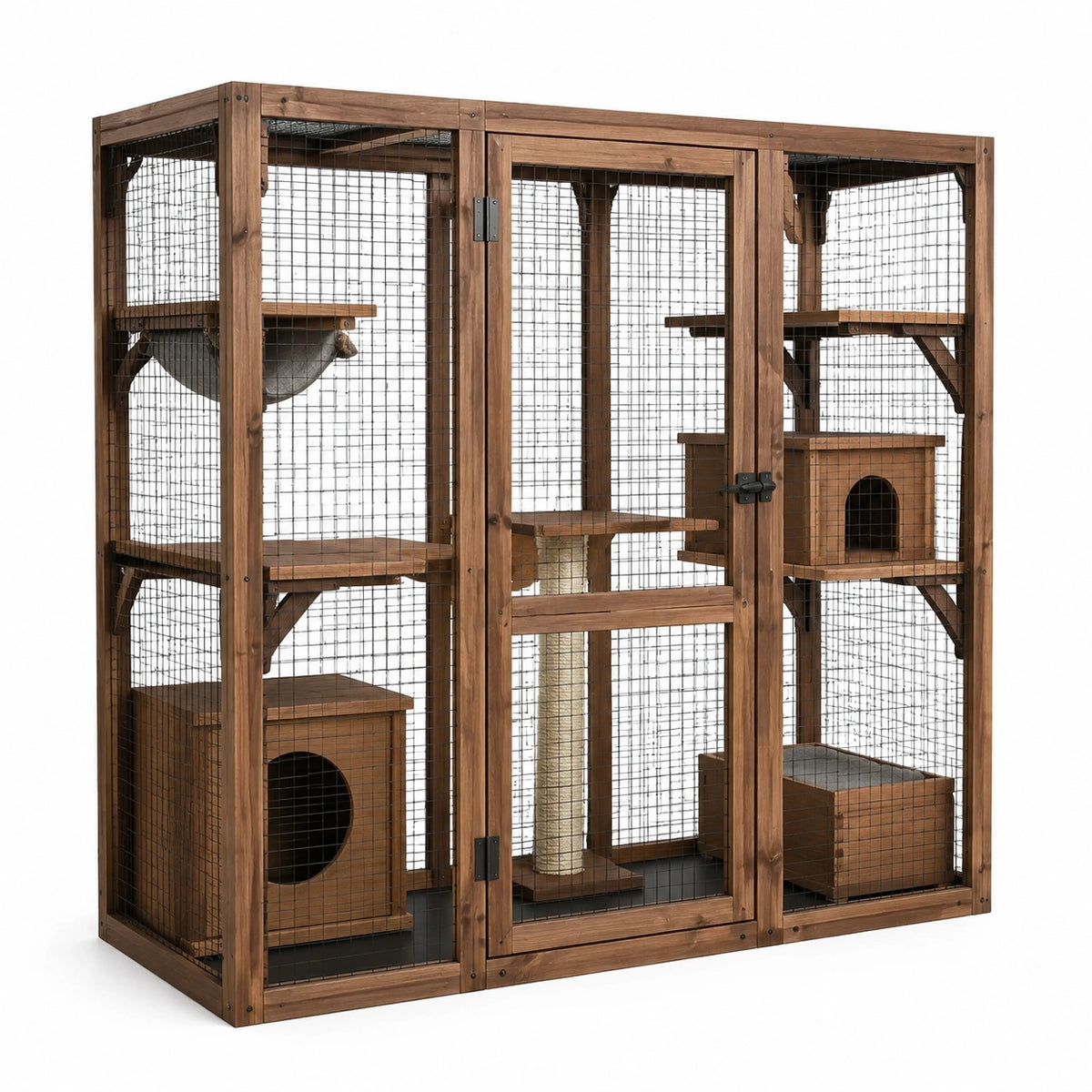 Katzengehege aus Holz und Metallgitter mit Hängematte, Kratzstamm und Schlafboxen, 180 × 80 × 180 cm, Braun/Schwarz/Grau