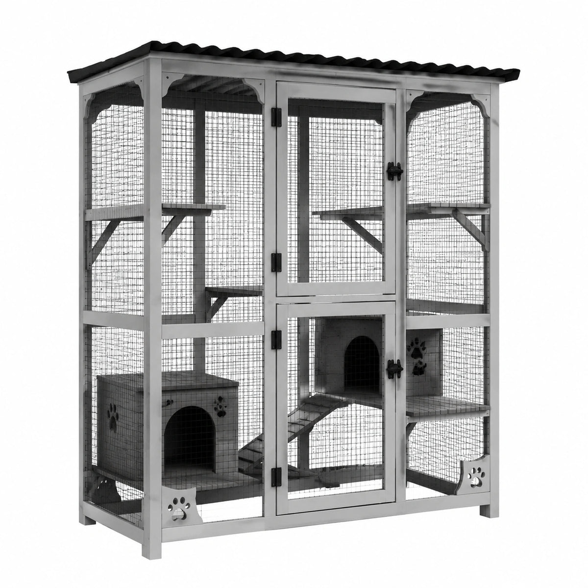 Katzengehege aus Holz und Metallgitter, 180 × 90 × 180 cm, Grau/Schwarz, mit Dach, Ebenen und Rampen