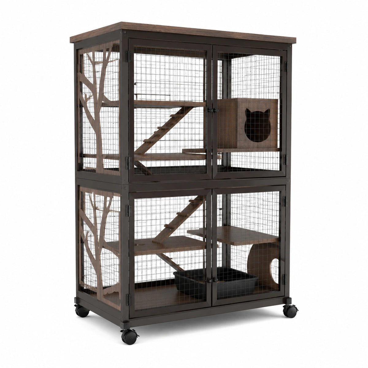 Mobiler Katzenkäfig aus Metall und Holz, Braun/Schwarz, 110 × 75 × 180 cm