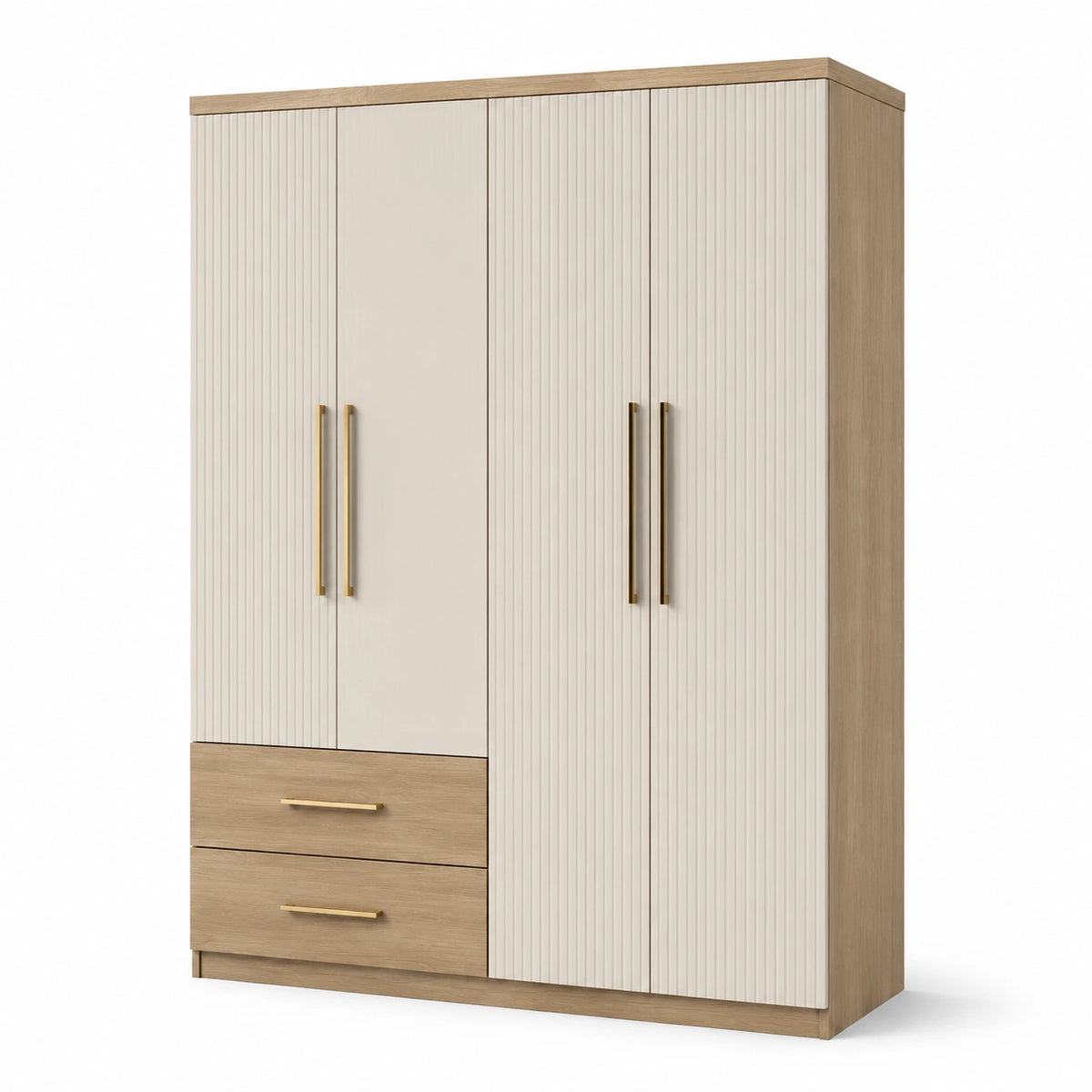 Kleiderschrank 120 x 55 x 200 cm in Beige, Eichefarben und Goldfarben mit 4 Türen und 2 Schubladen