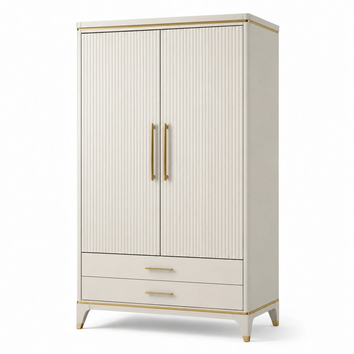 Kleiderschrank 100 × 50 × 200 cm in Elfenbein/Gold mit 2 geriffelten Türen und 2 Schubladen