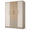 Kleiderschrank 160 × 60 × 200 cm in Beige, Eichenoptik und Gold mit 4 Türen und 3 Schubladen