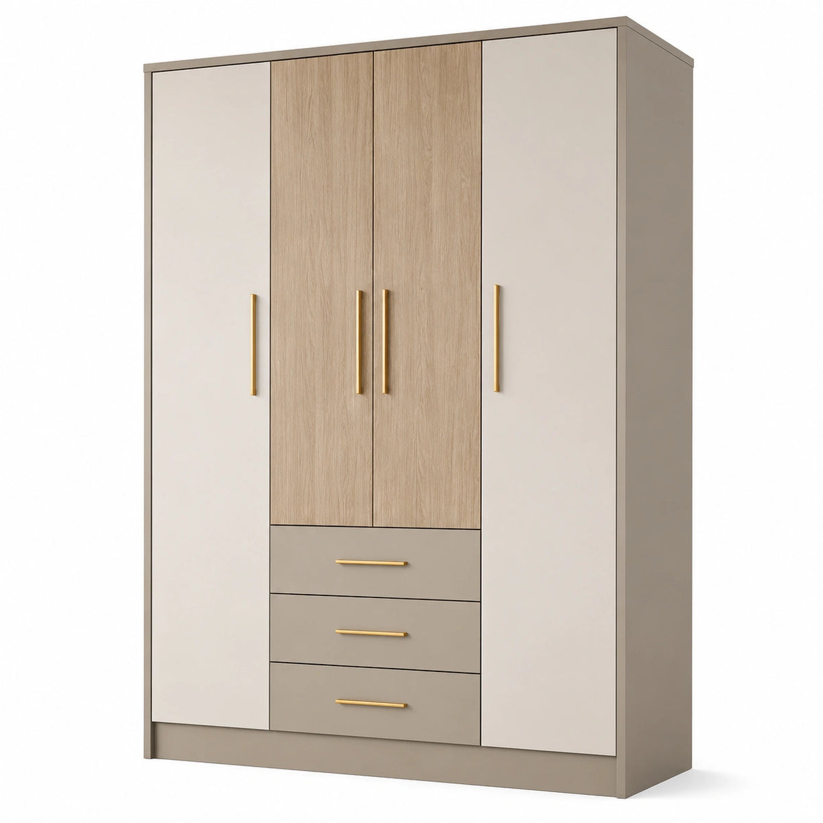 Kleiderschrank 160 × 60 × 200 cm in Beige, Eichenoptik und Gold mit 4 Türen und 3 Schubladen