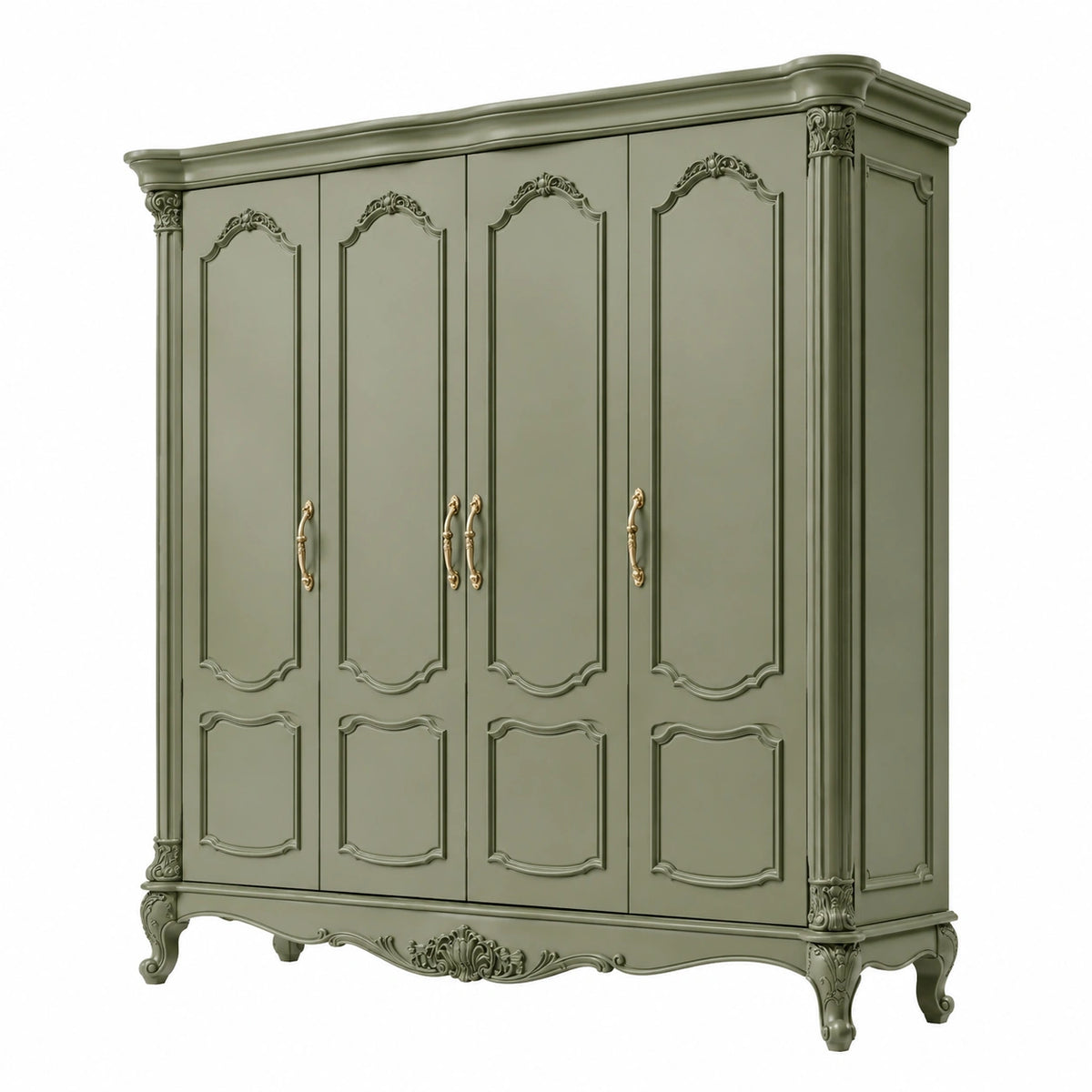 Klassischer Kleiderschrank mit 4 Türen, 220 x 60 x 210 cm, Olivgrün mit goldfarbenen Griffen