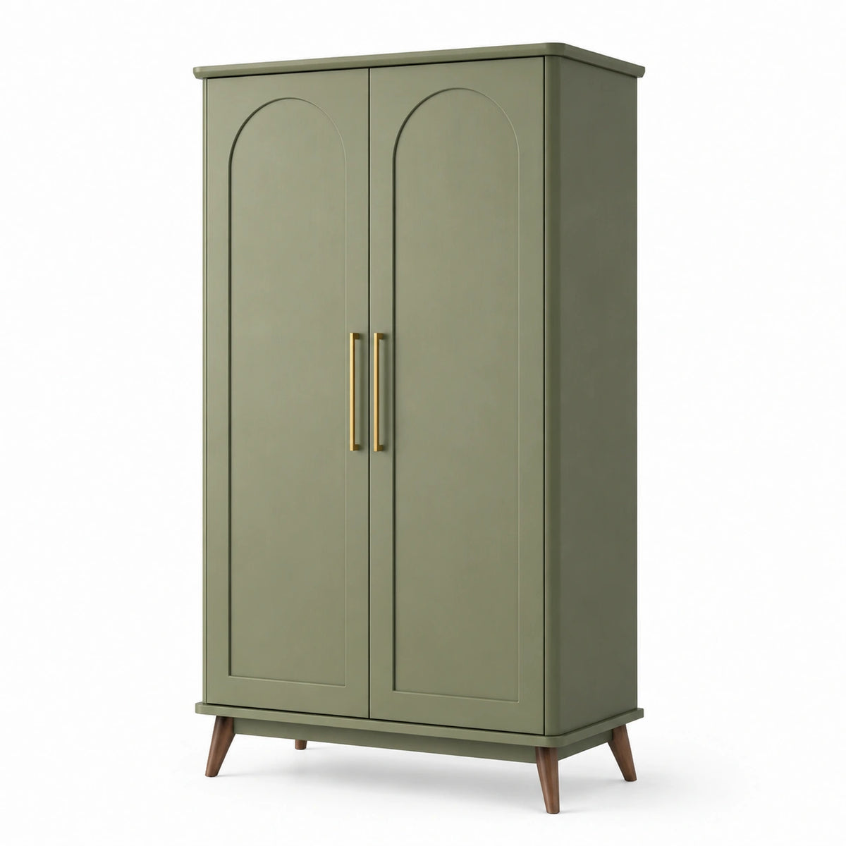 Retro-Kleiderschrank 100 x 55 x 180 cm Olivgrün mit braunen Füßen und goldfarbenen Griffen