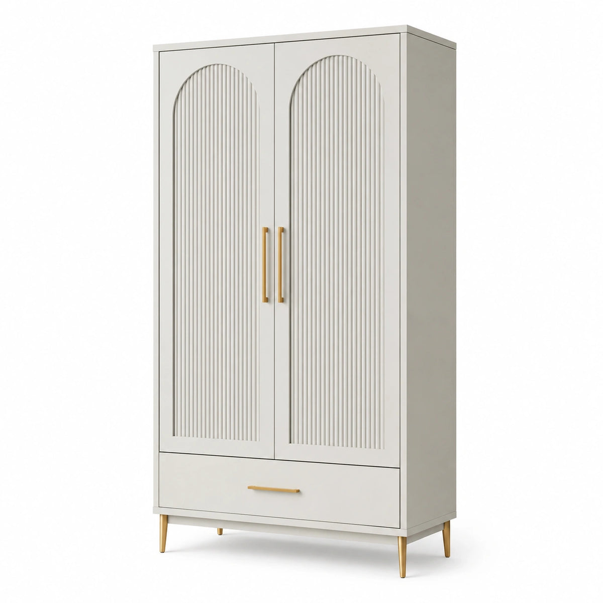Kleiderschrank 100 × 55 × 190 cm in Cremeweiß mit goldfarbenen Akzenten, Rillenfront und Schublade