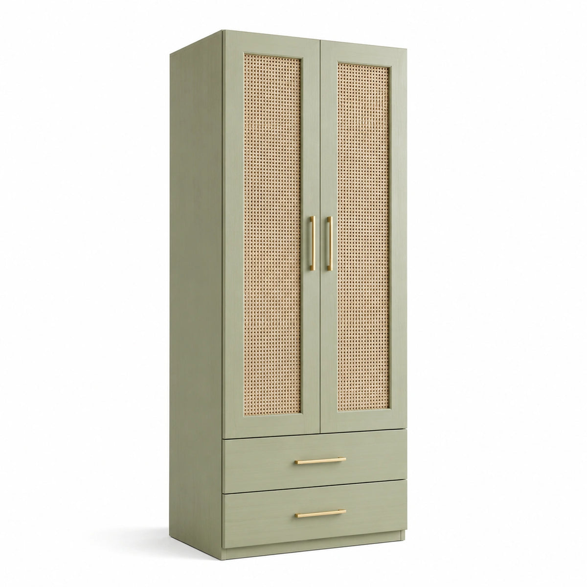 Kleiderschrank 90 × 50 × 180 cm Salbeigrün mit Rattangeflecht, 2 Türen und 2 Schubladen