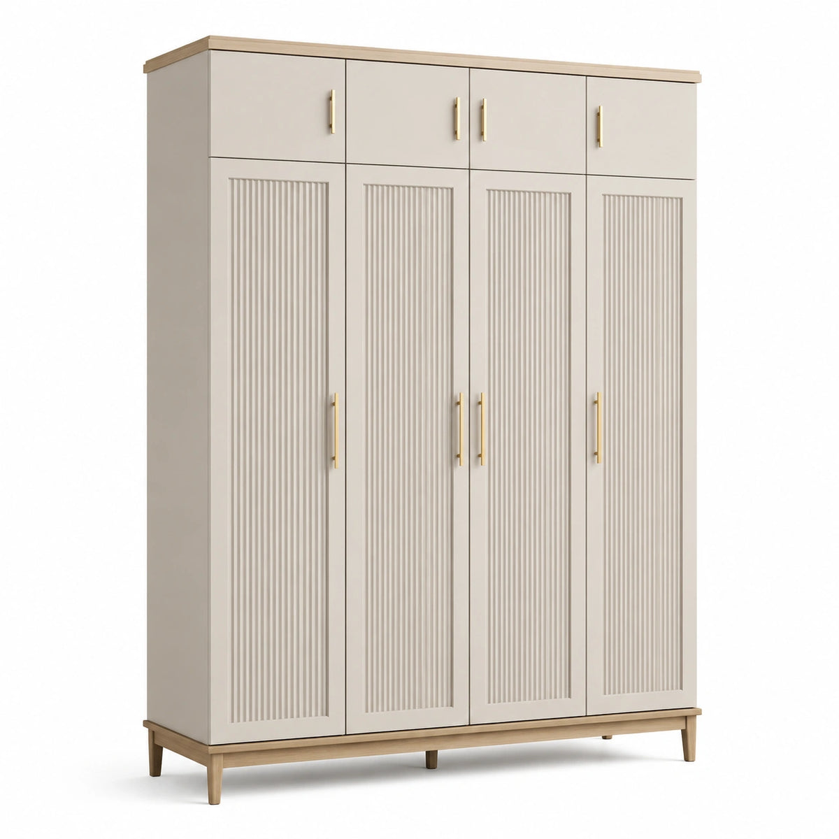 Moderner 8-Türen-Schrank 160 × 50 × 200 cm aus Holzwerkstoff in Creme, Holzoptik und Gold