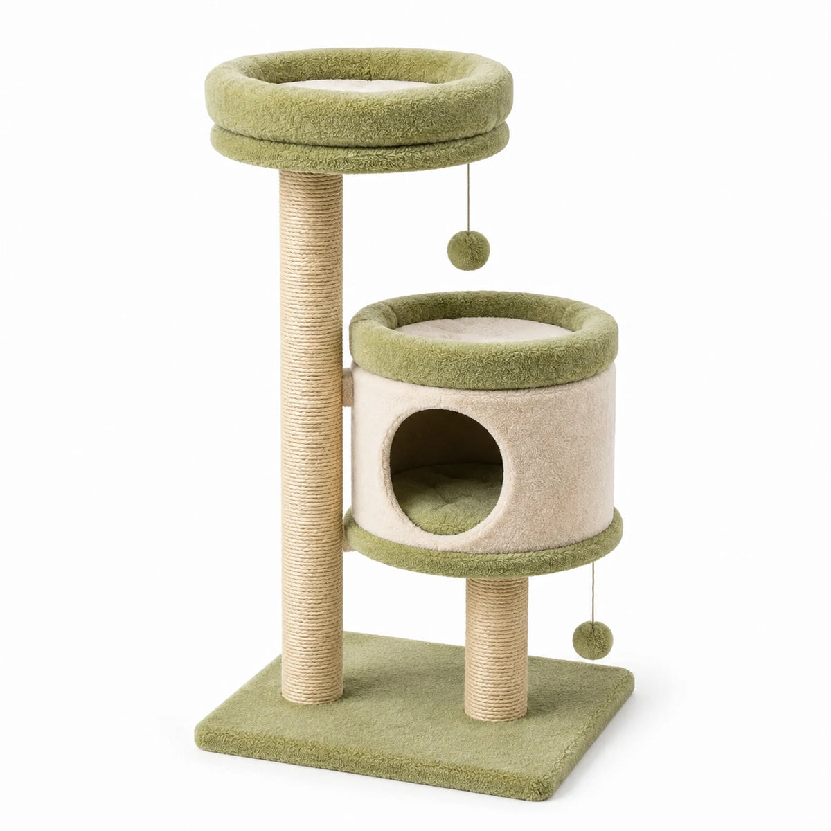 Katzenkratzbaum 50 x 50 x 120 cm aus Sisal und Plüsch, Grün/Beige, mit Höhle, Liegeflächen und Spielbällen