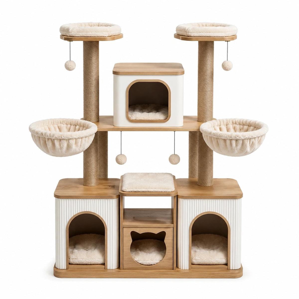 Katzenmöbel mit Höhlen, Hängeliegen und Sisalstämmen, 120 × 50 × 170 cm, Naturholz/Weiß/Creme/Beige