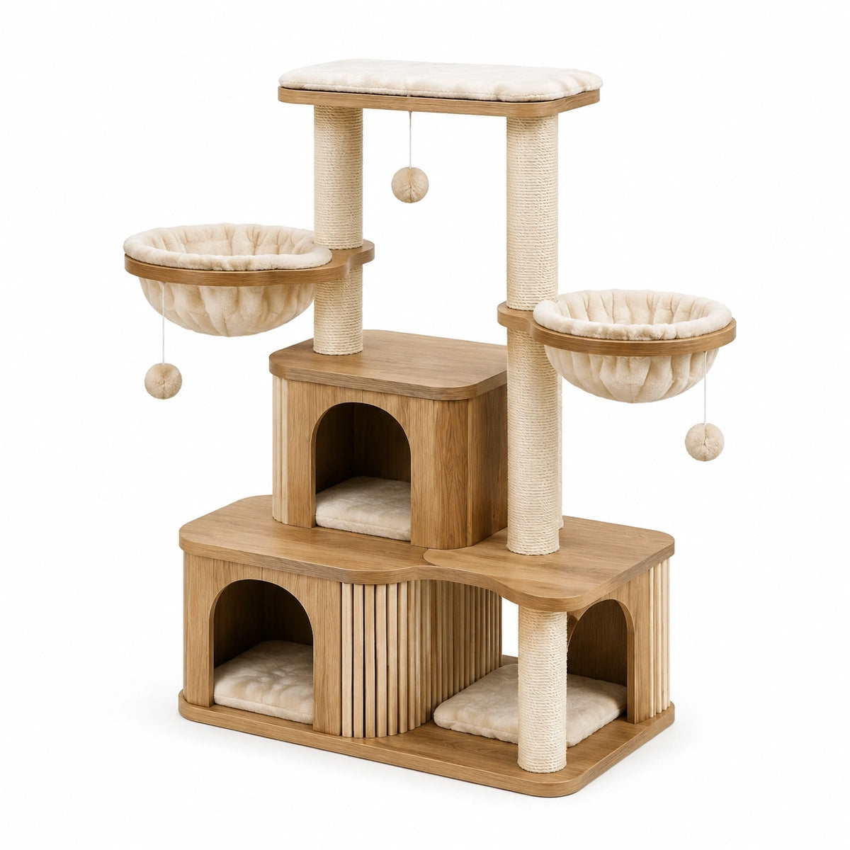 Katzenbaum aus Holz 110 × 60 × 145 cm in Natur/Beige mit Sisal-Kratzsäulen, Höhlen und Hängemulden