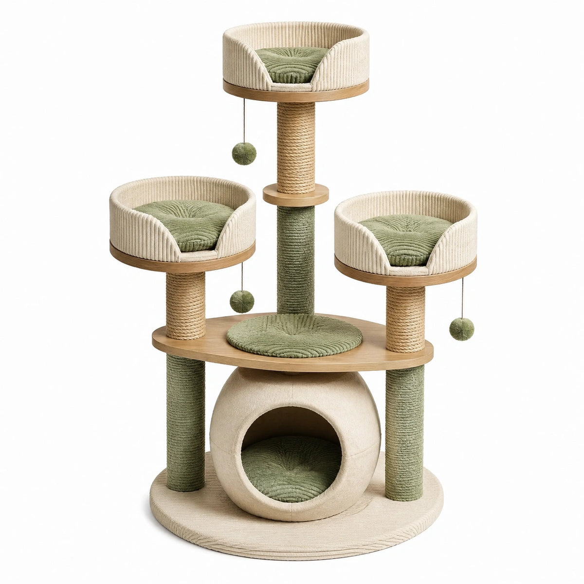 Katzenbaum 90 × 60 × 160 cm mit Sisal, Höhle und 3 Liegeplätzen in Beige, Grün und Natur