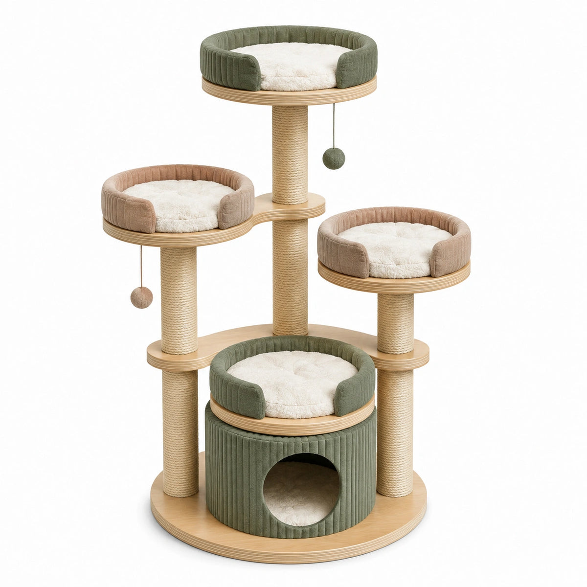 Mehrstöckiger Katzenkratzbaum 80 × 150 cm mit Höhle, Liegeflächen und Spielbällen in Grün, Beige, Naturholz und Weiß