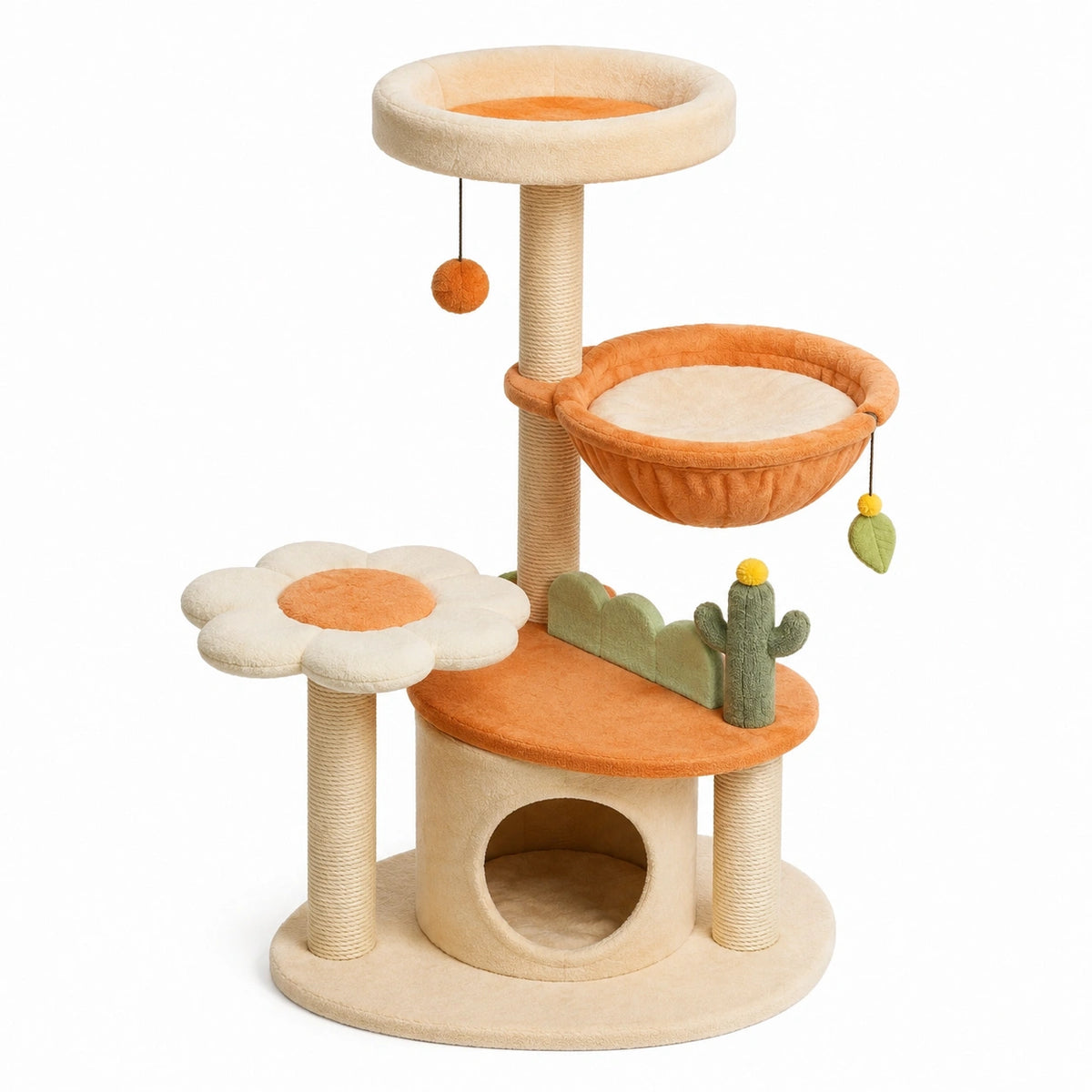 Kratzbaum 60 x 50 x 130 cm aus Plüsch und Sisal in Beige, Orange und Grün mit Höhle, Liegeflächen und Spielzeug