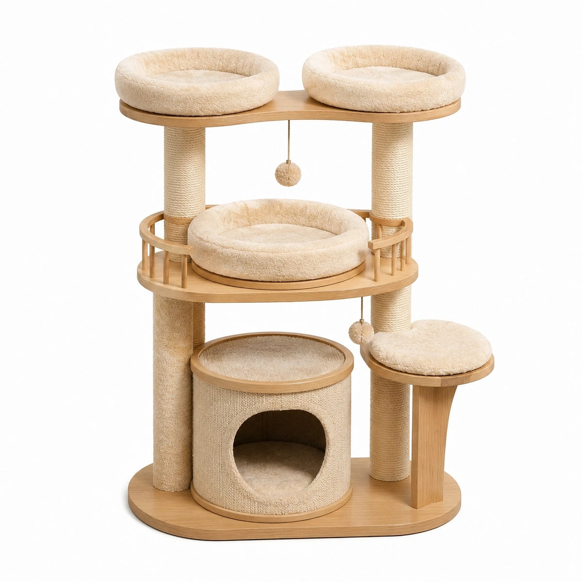 Kratzbaum 120 x 60 x 150 cm Beige/Hellbraun mit Sisalsäulen, Höhle, Liegeflächen und Spielbällen